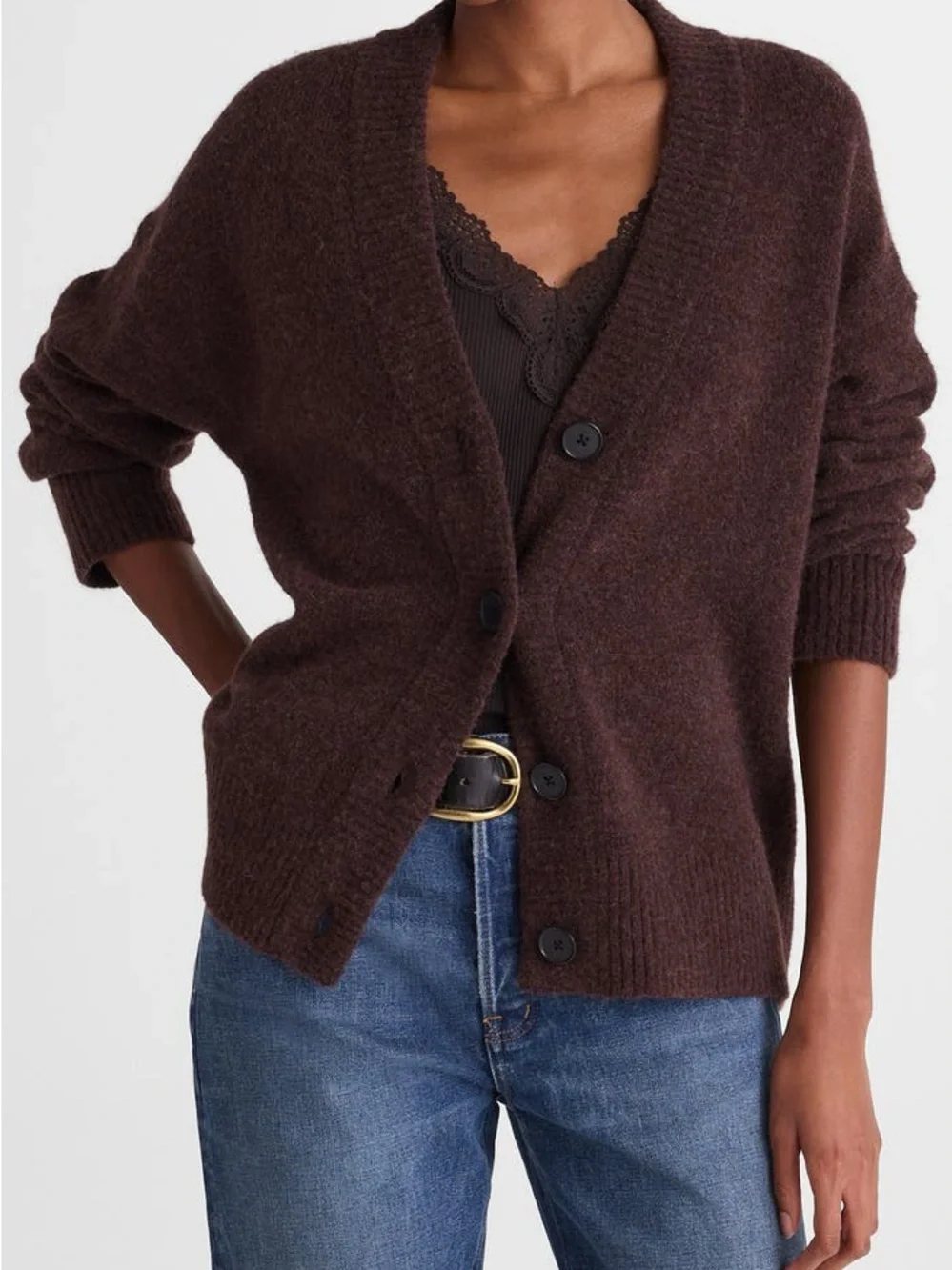 Madewell Dark Brown V‑Neck Button Cardigan Wool Alpaca Blend Sweater - Picture 2 of 9